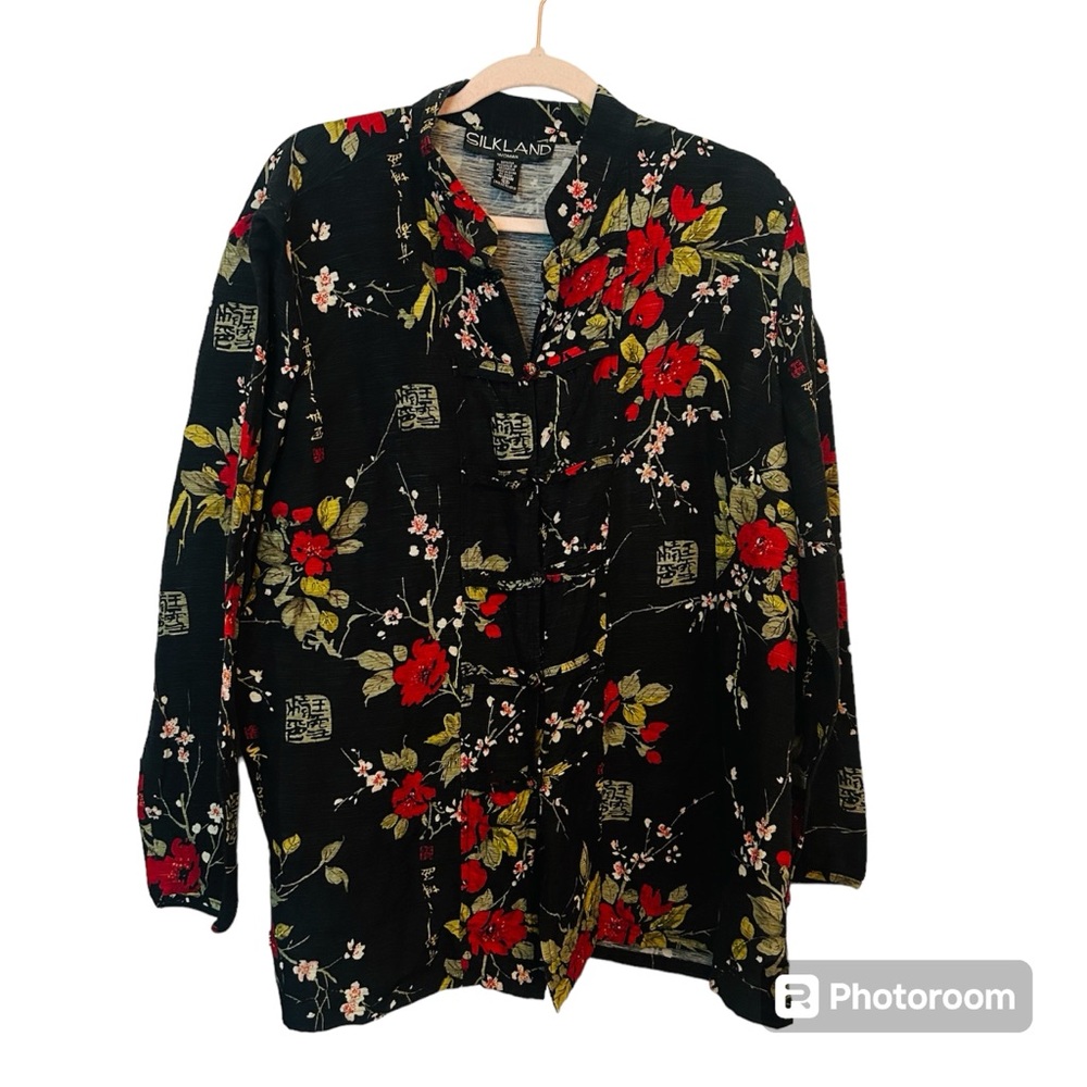 SILKLAND VTG 2X Plus Black & Red Floral Oriental Silk Coat Embroidery